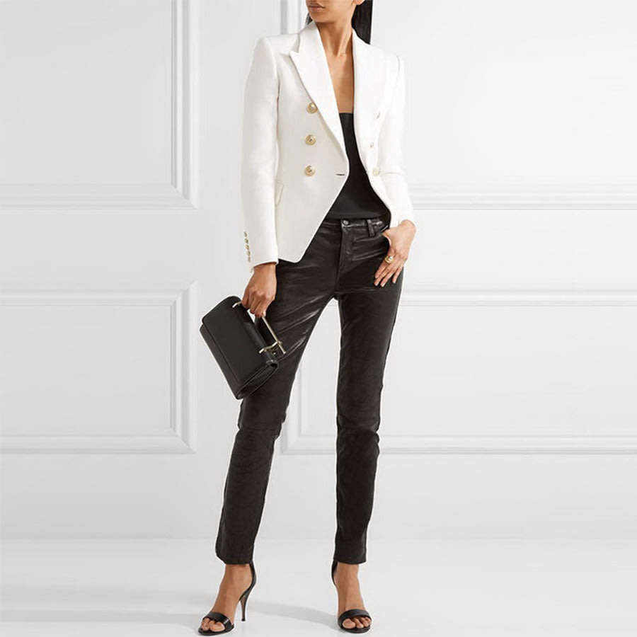 Womens White Notched Double Breasted Blazer Office Jackets