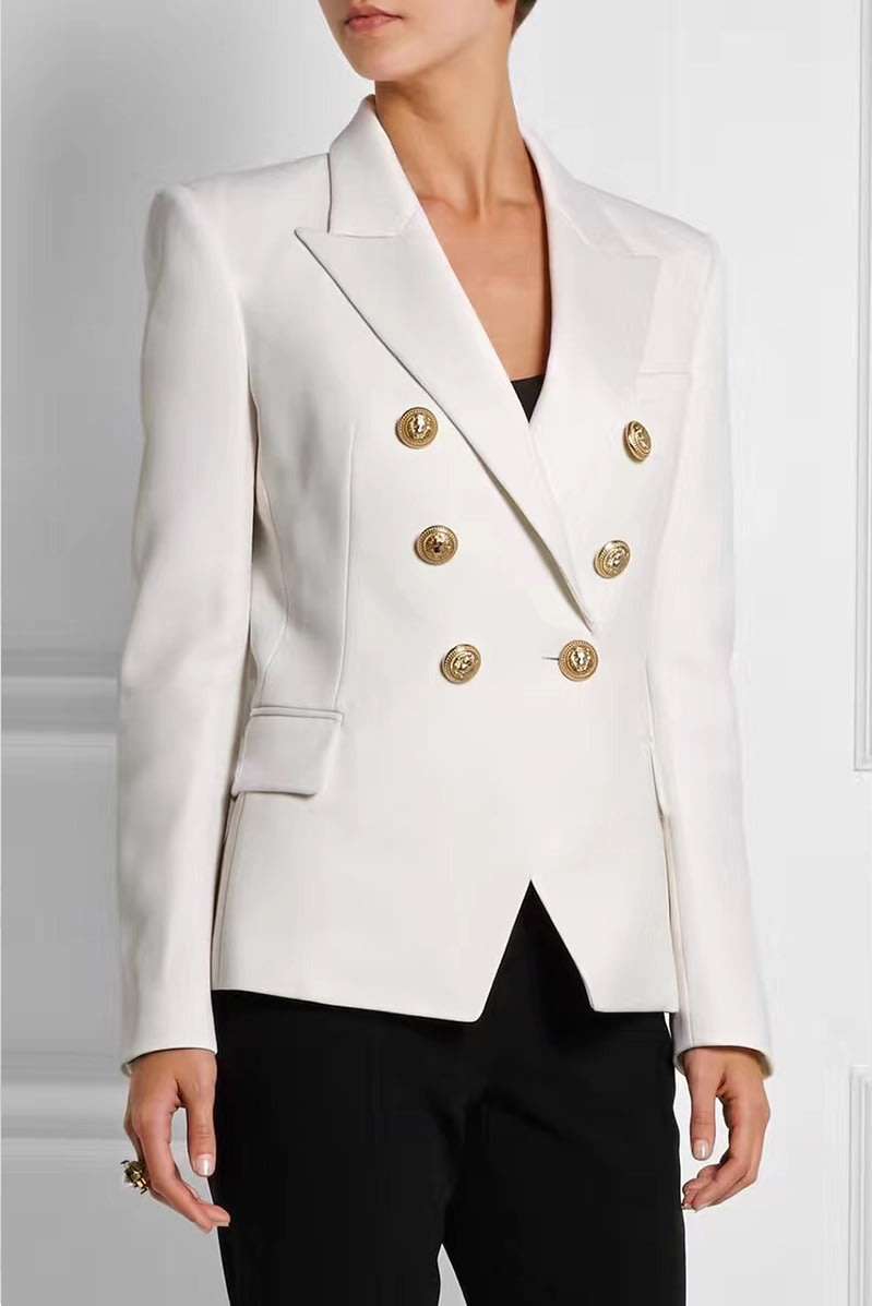 Womens White Notched Double Breasted Blazer Office Jackets