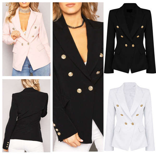 Womens White Notched Double Breasted Blazer Office Jackets