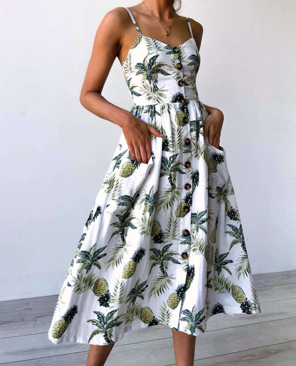 Dresses White Sleeveless Printed Summer Dress