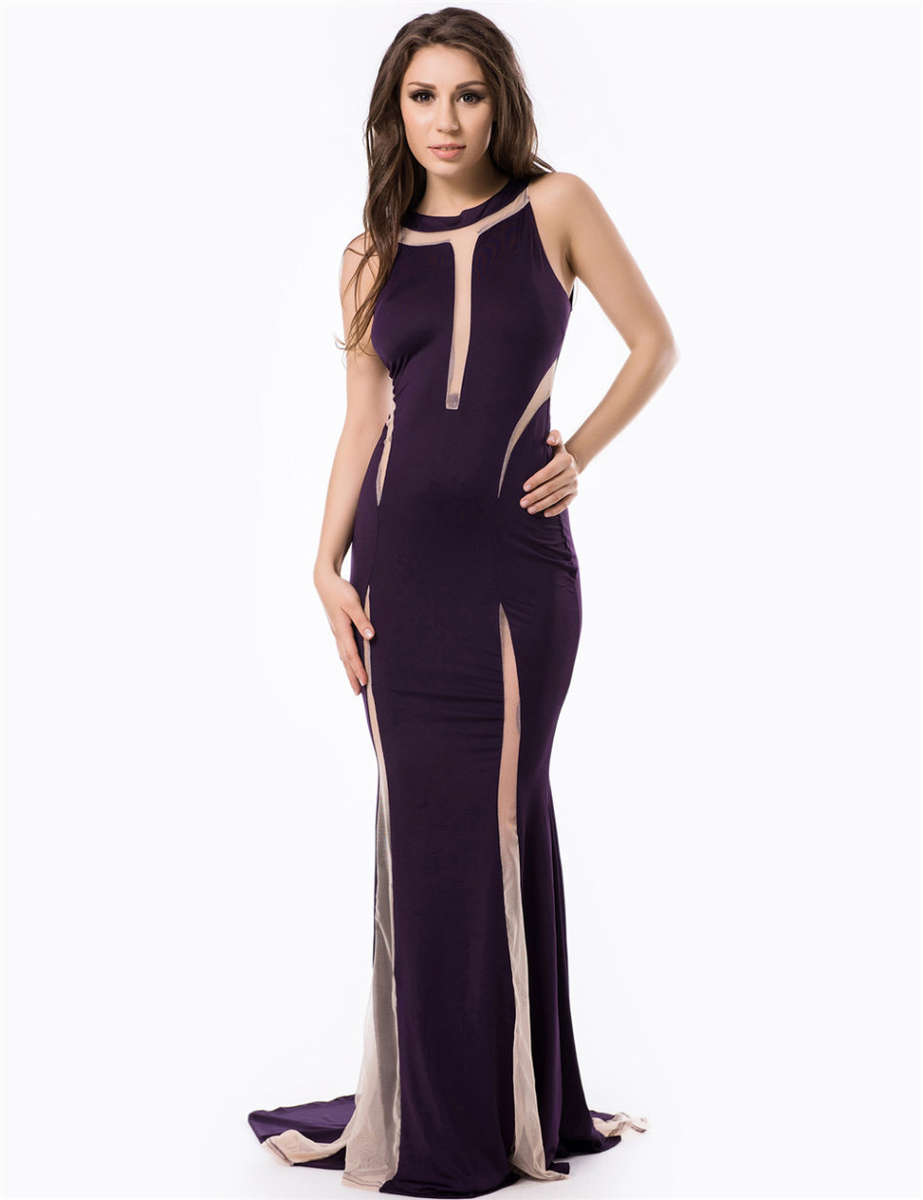 Local Stock Purple Mesh  Sleeveless Formal Maxi Evening Party Dress - Size xl