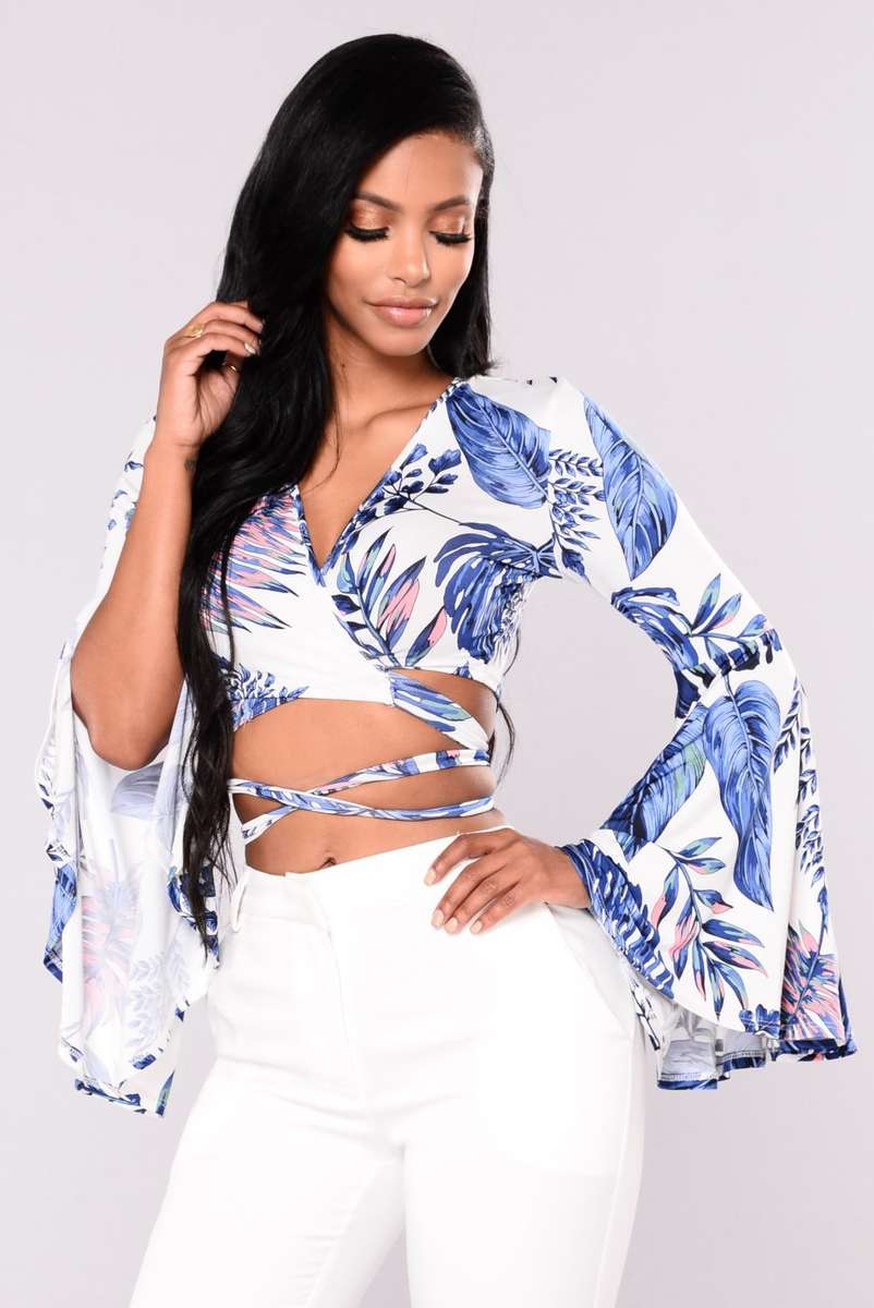 TOPS/CROP TOP/LEAF PRINT TOP/CROP TOP BLOUSE/BELL SLEEVE CROP TOP/SEXY CROP TOP/WHITE BLUE CROP TOP