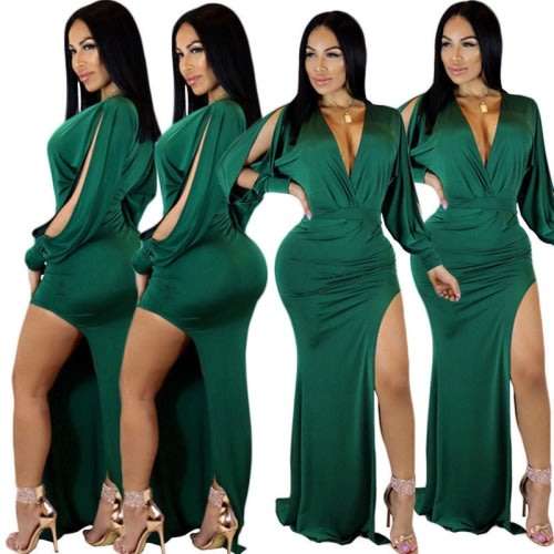 Green Long Split Sleeve Maxi Dresses