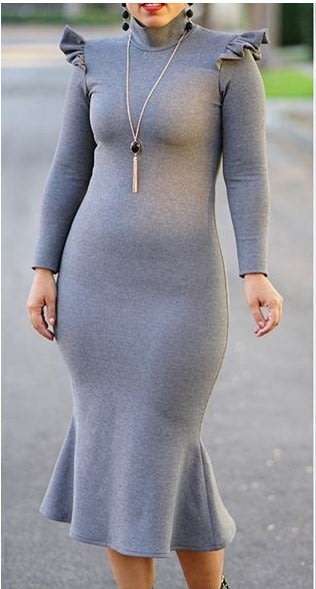 Office Grey Long Sleeve Midi Formal Dresses