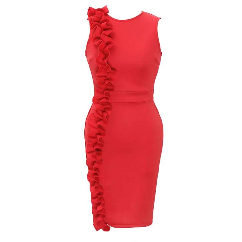 DRESSES/DRESS/RED DRESS/RUFFLE DRESS/BODYCON DRESS/PARTY DRESS/FORMAL DRESS