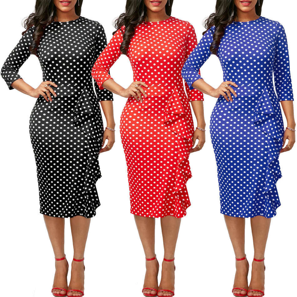 DRESSES/DRESS/POLKA DOT DRESS/MIDI DRESS/OFFICE DRESS/BLUE DRESS/BODYCON DRESS/PENCIL DRESS/DRESSES