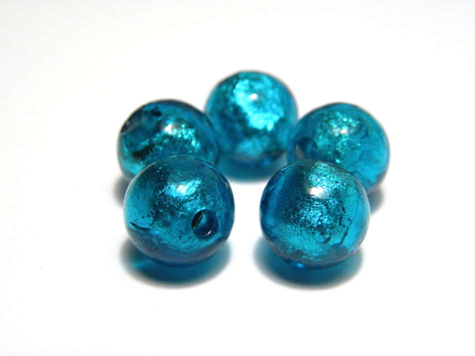 Glass Beads Foil Round Teal Blue 14mm