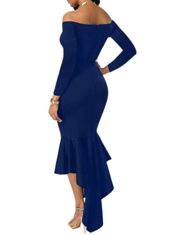 Midi Party Blue Off Shoulder Long Sleeve Formal Dress