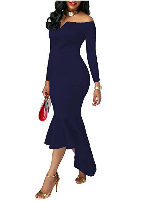 Navy blue off shoulder long sleeve formal dress