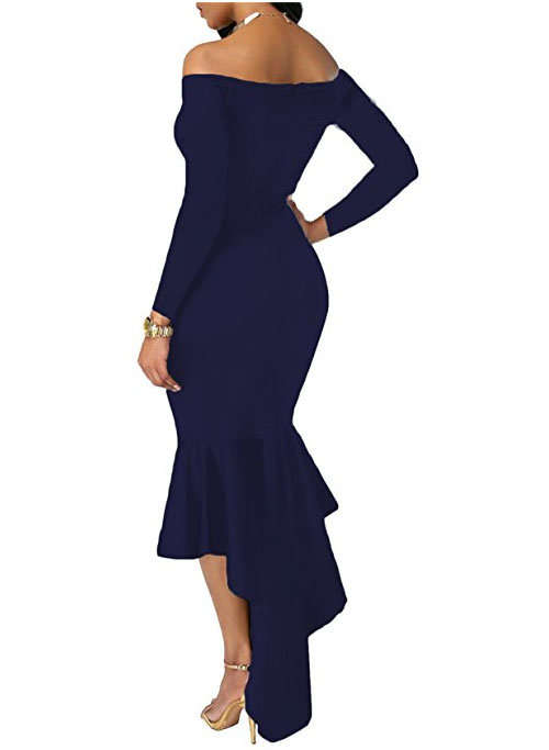 Navy blue off shoulder long sleeve formal dress