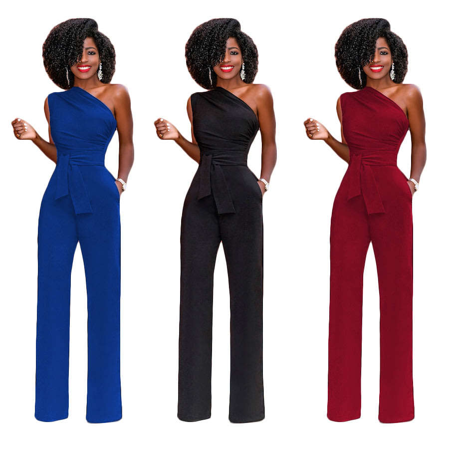 Womens elegant blue one shoulder belted jumpsuit