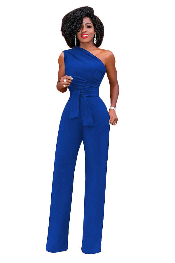 Womens elegant blue one shoulder belted jumpsuit