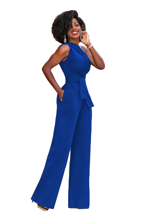 Womens elegant blue one shoulder belted jumpsuit