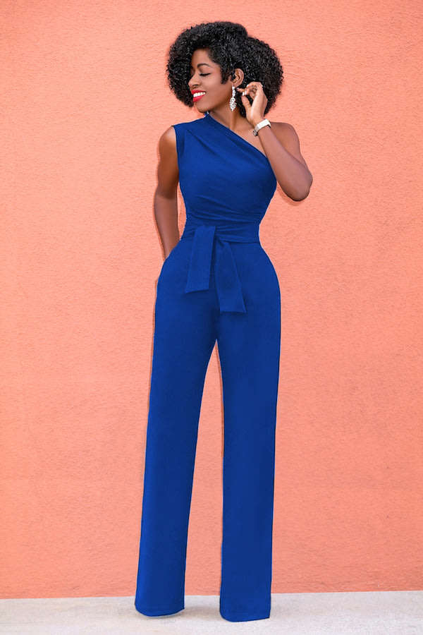 Womens elegant blue one shoulder belted jumpsuit