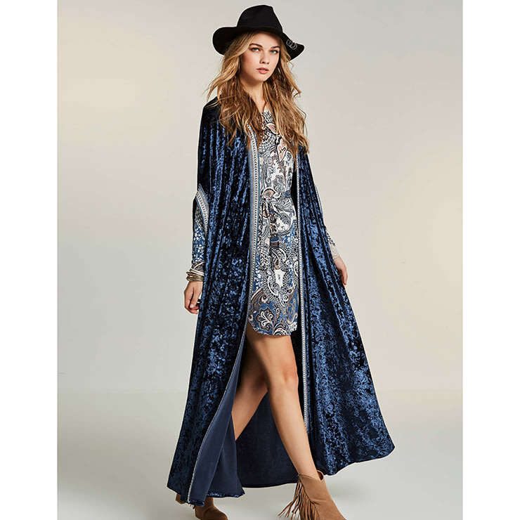 Blue Maxi Velvet Retro Boho Cardigan