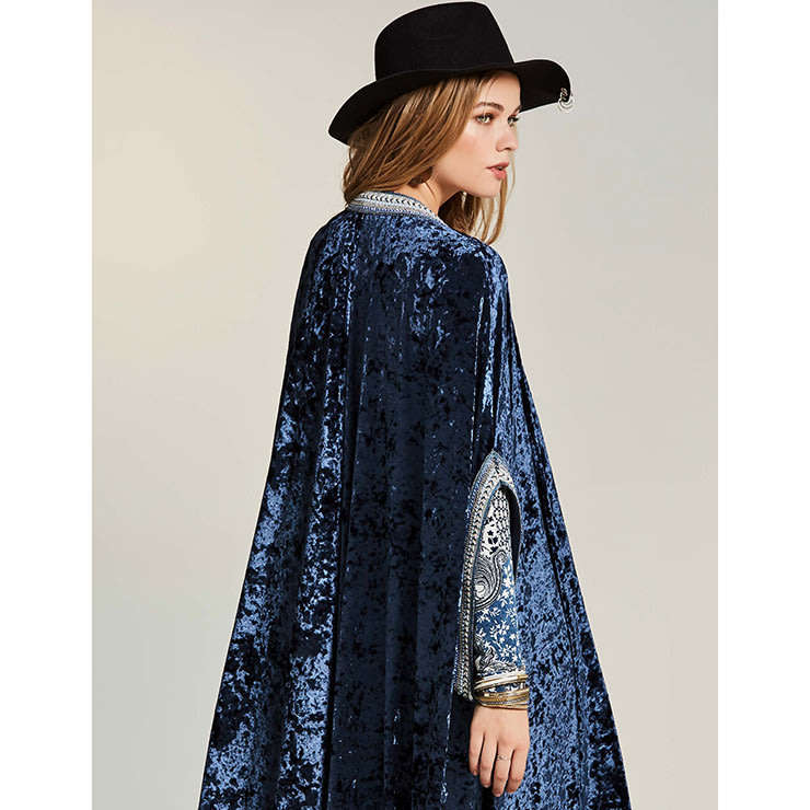 Blue Maxi Velvet Retro Boho Cardigan