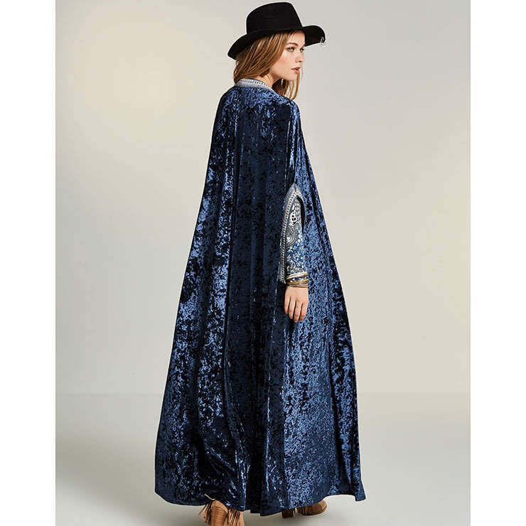 Blue Maxi Velvet Retro Boho Cardigan