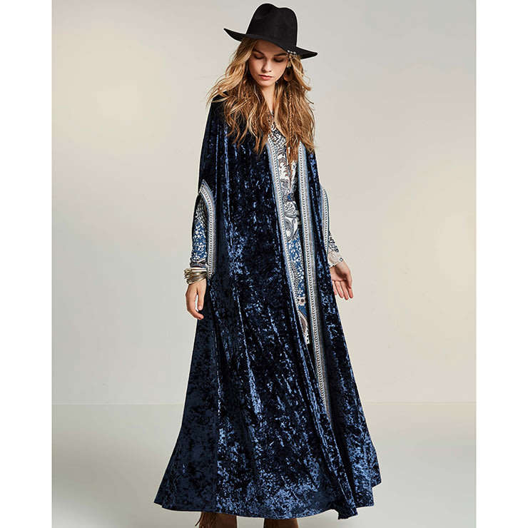 Blue Maxi Velvet Retro Boho Cardigan