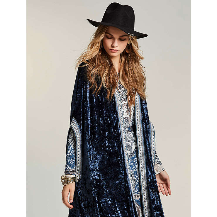 Blue Maxi Velvet Retro Boho Cardigan