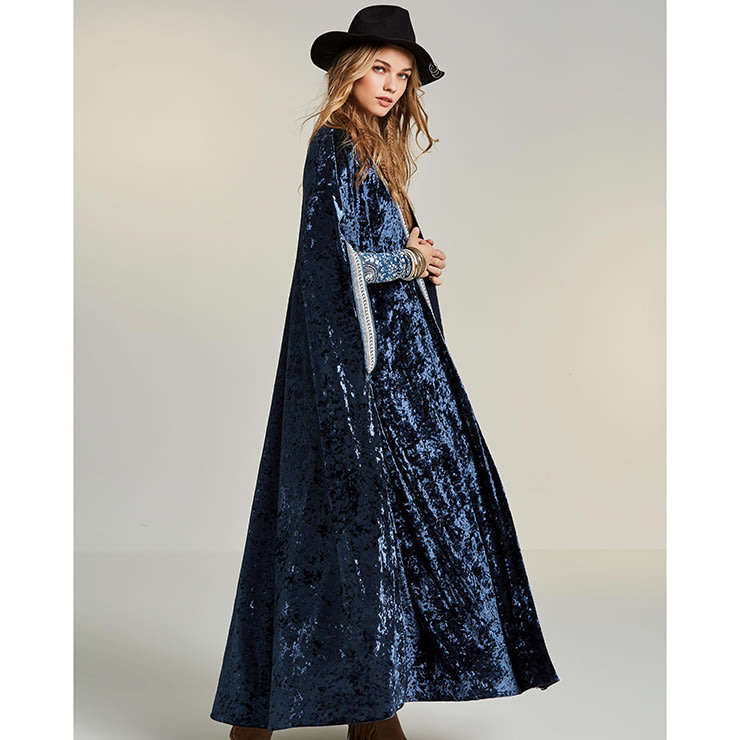 Blue Maxi Velvet Retro Boho Cardigan