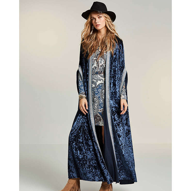 Blue Maxi Velvet Retro Boho Cardigan