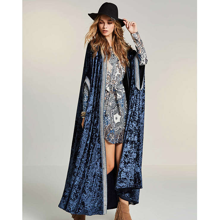 Blue Maxi Velvet Retro Boho Cardigan