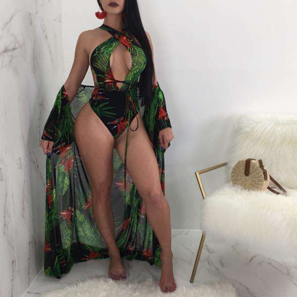 Ladies monokini and cover-up swimsuit set - black