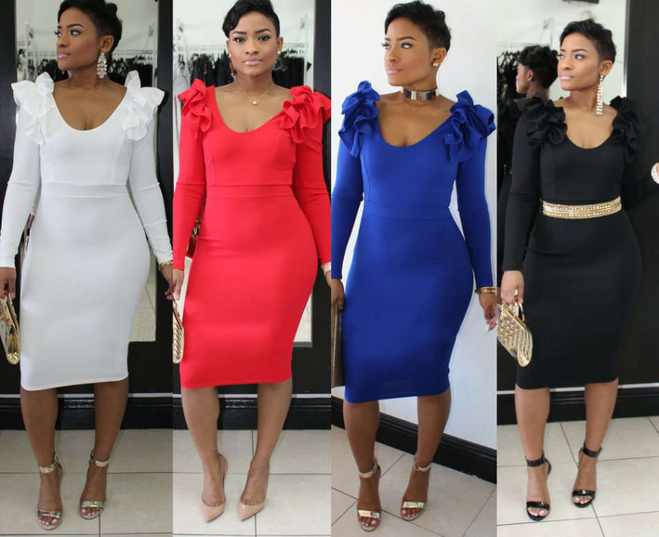 Blue Sheath Ruffle Office Midi Formal Dresses