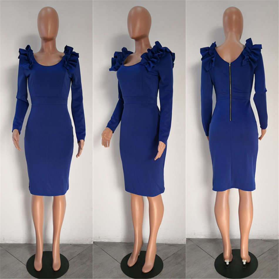 Blue Sheath Ruffle Office Midi Formal Dresses
