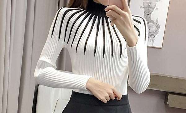 KNITWEAR/KNITTED SWEATERS/PULLOVER SWEATERS/TURTLENECK SWEATER/CONTRAST SWEATER/WHITE BLACK SWEATER