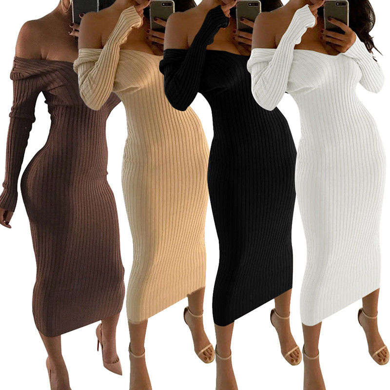 White Sweater Dresses Long Sleeve Maxi Off Shoulder Party Dress