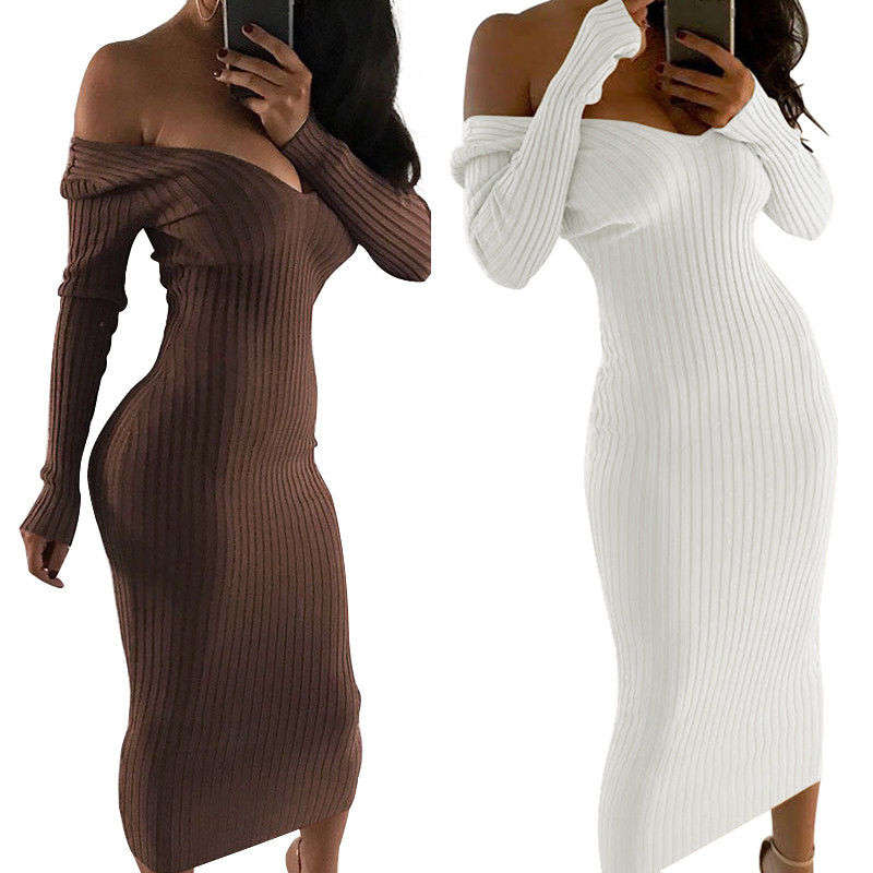 White Sweater Dresses Long Sleeve Maxi Off Shoulder Party Dress