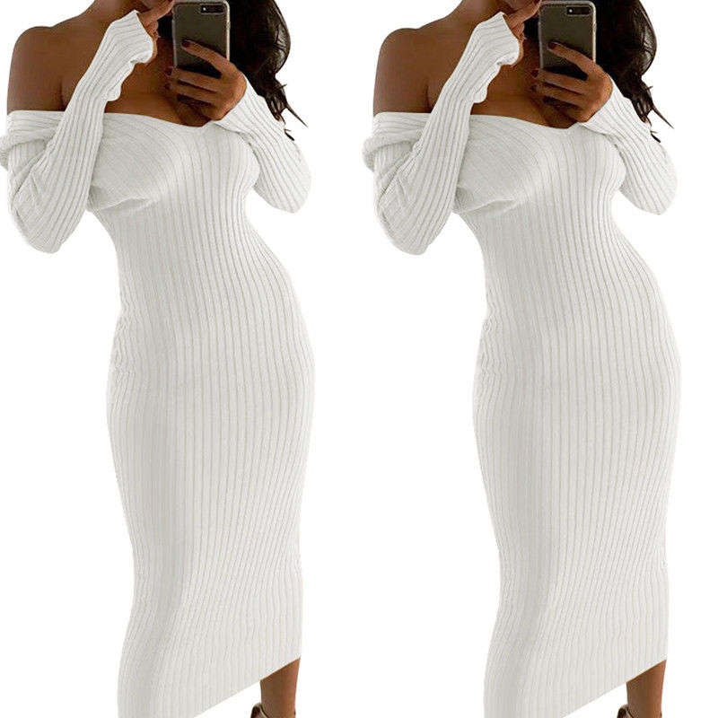 White Sweater Dresses Long Sleeve Maxi Off Shoulder Party Dress