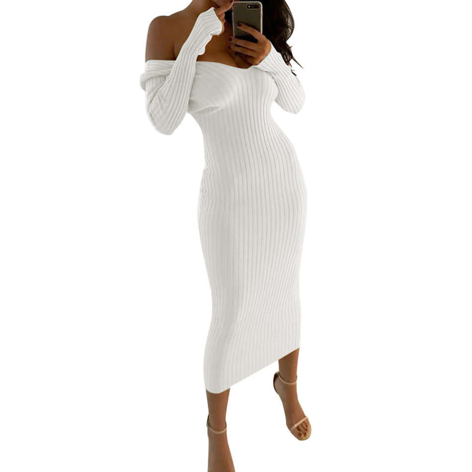 White Sweater Dresses Long Sleeve Maxi Off Shoulder Party Dress