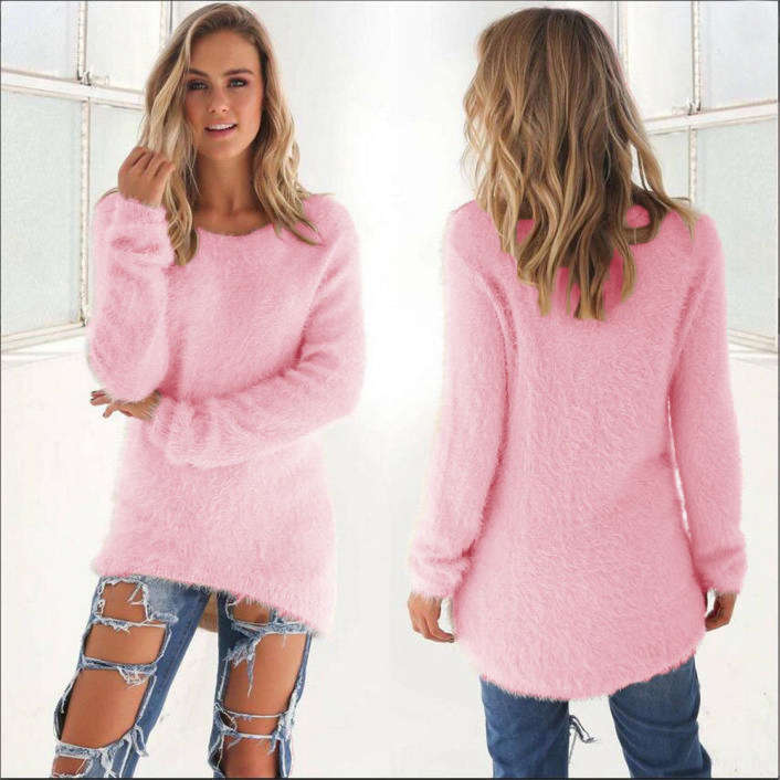 KNITWEAR/KNITTED SWEATER/LADIES SWEATERS/PINK SWEATER/LONG SLEEVE SWEATERS/ASYMMETRIC SWEATER