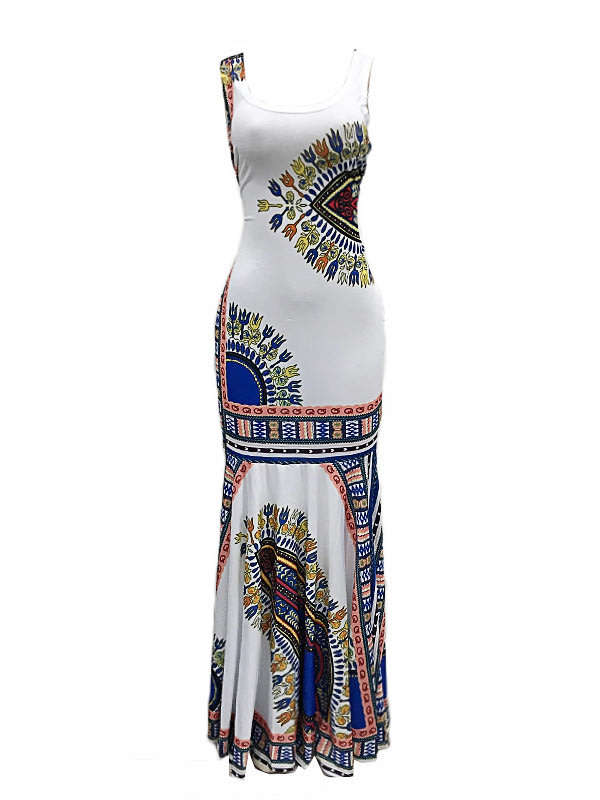 Traditional white african dashiki ethnic print maxi dress
