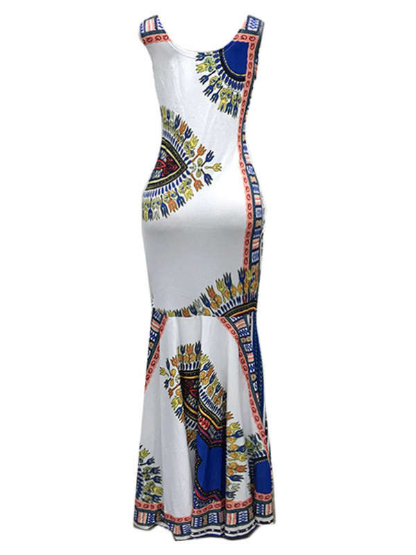 Traditional white african dashiki ethnic print maxi dress