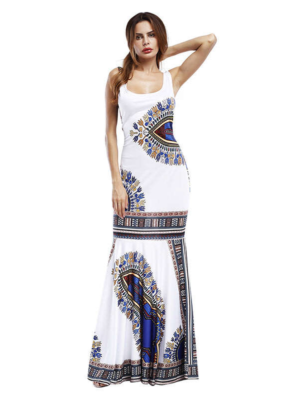 Traditional white african dashiki ethnic print maxi dress