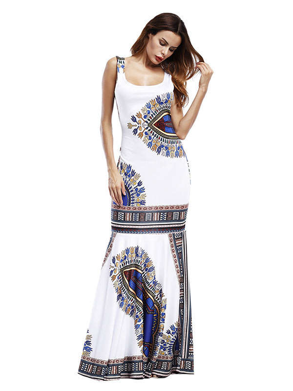 Traditional white african dashiki ethnic print maxi dress