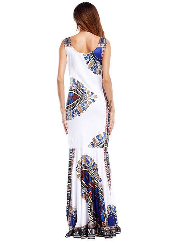 Traditional white african dashiki ethnic print maxi dress