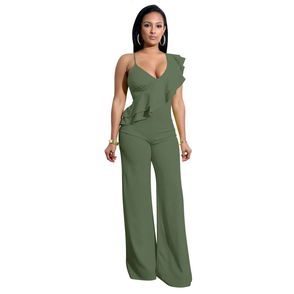 Green Ruffle Wide Leg Asymmetric Jumpsuits