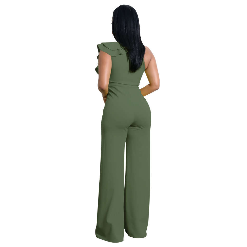 Green Ruffle Wide Leg Asymmetric Jumpsuits