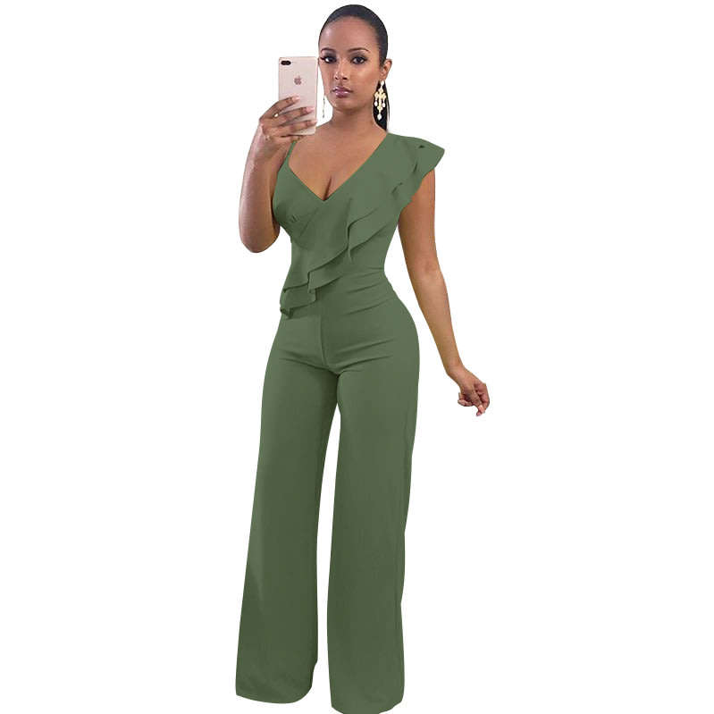 Green Ruffle Wide Leg Asymmetric Jumpsuits