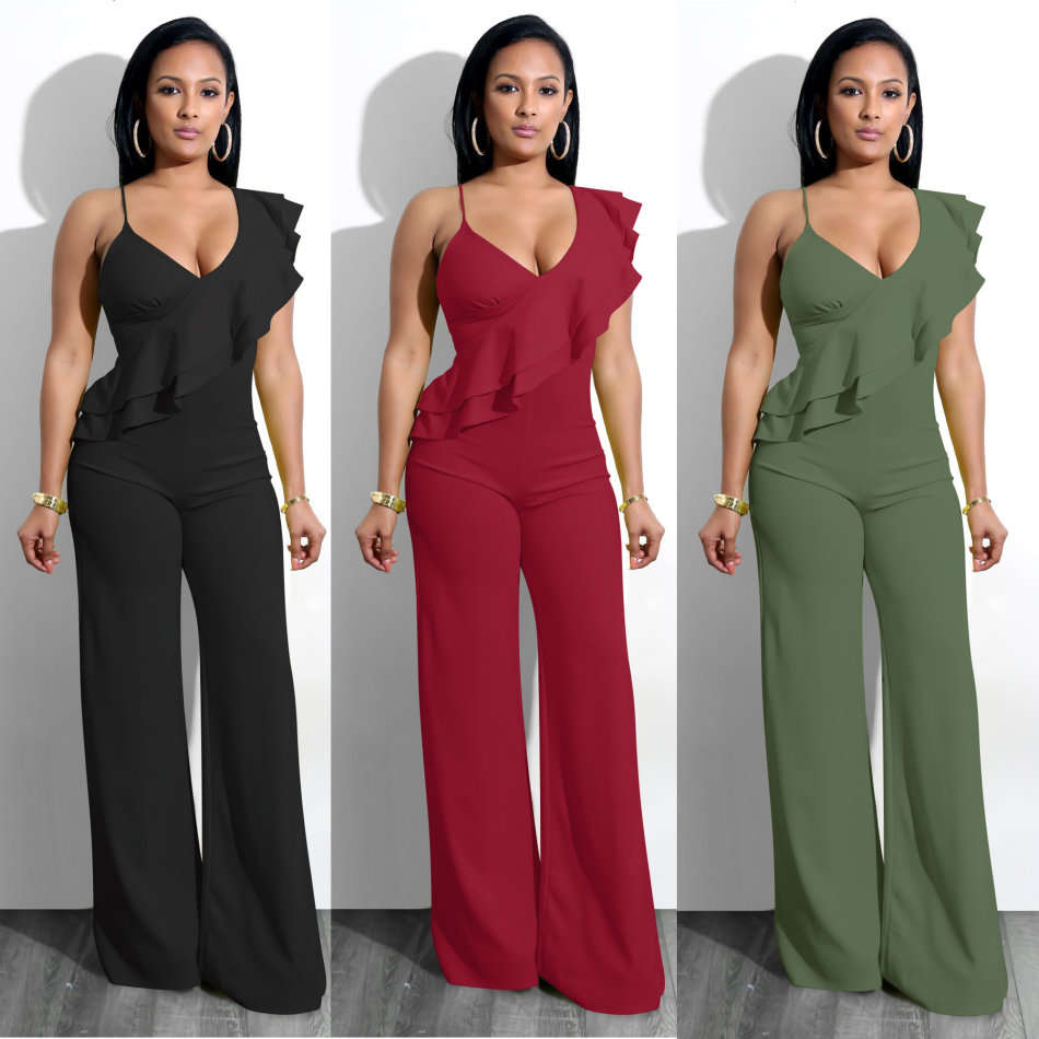 Green Ruffle Wide Leg Asymmetric Jumpsuits
