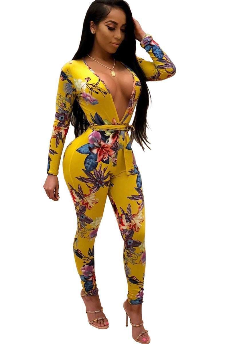 Floral Print Sexy Long Sleeve Party Jumpsuits In Yellow