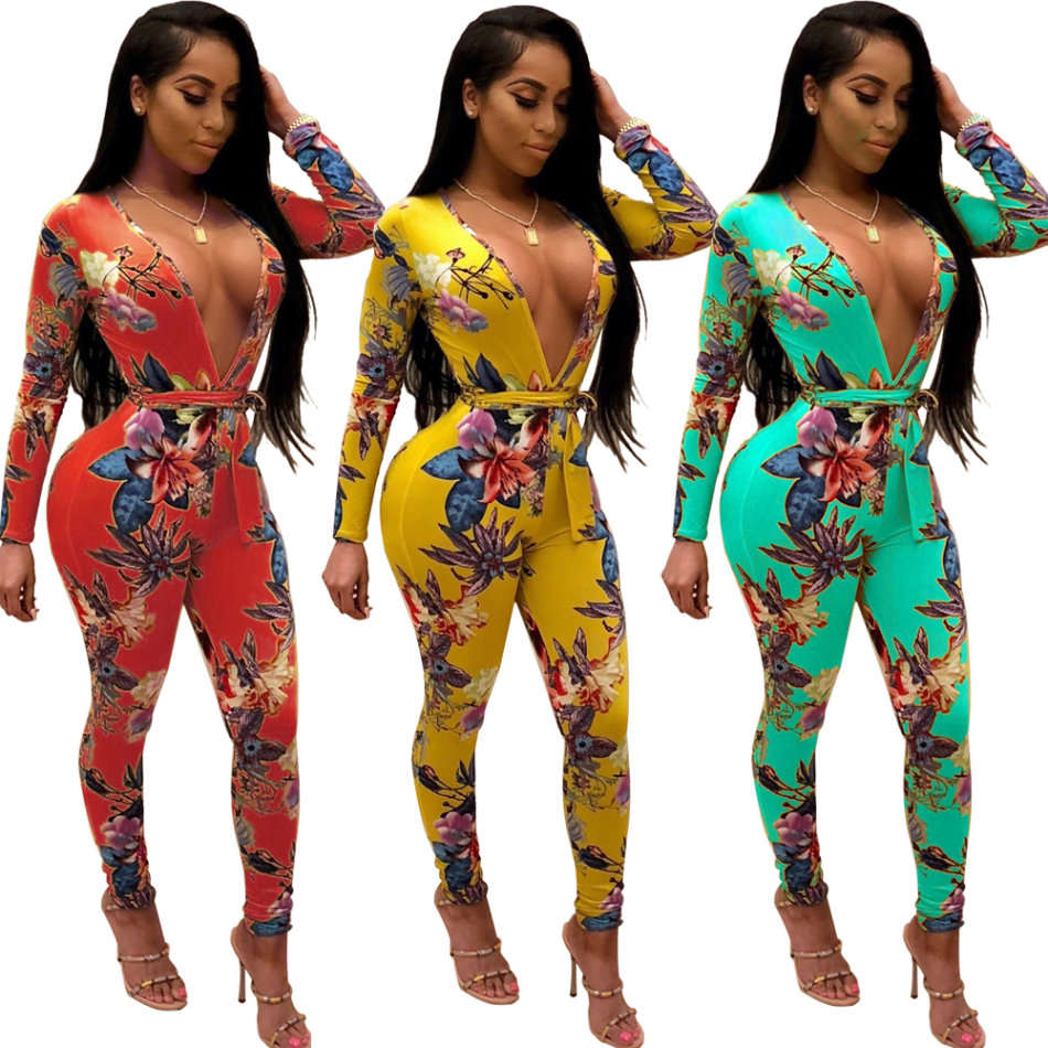 Floral Print Sexy Long Sleeve Party Jumpsuits In Yellow