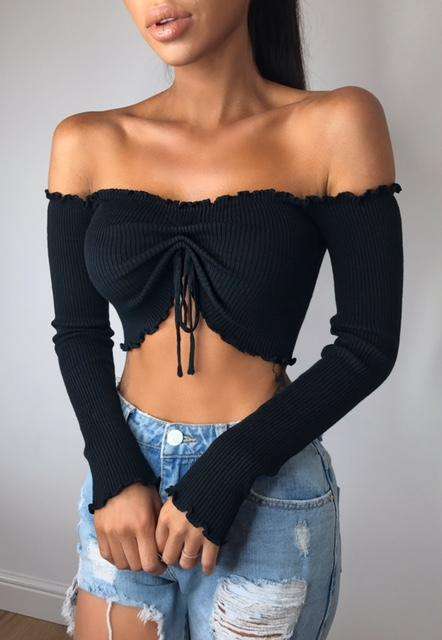 Black sexy long sleeve drawstring crop top open shoulder ladies tops