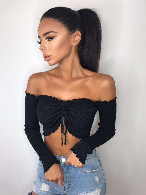 Black sexy long sleeve drawstring crop top open shoulder ladies tops