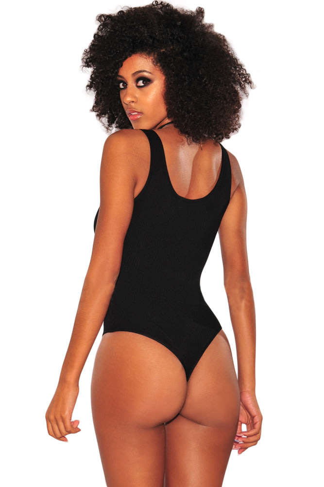 Black Rib Knit Sleeveless Button Front Bodysuits For Women