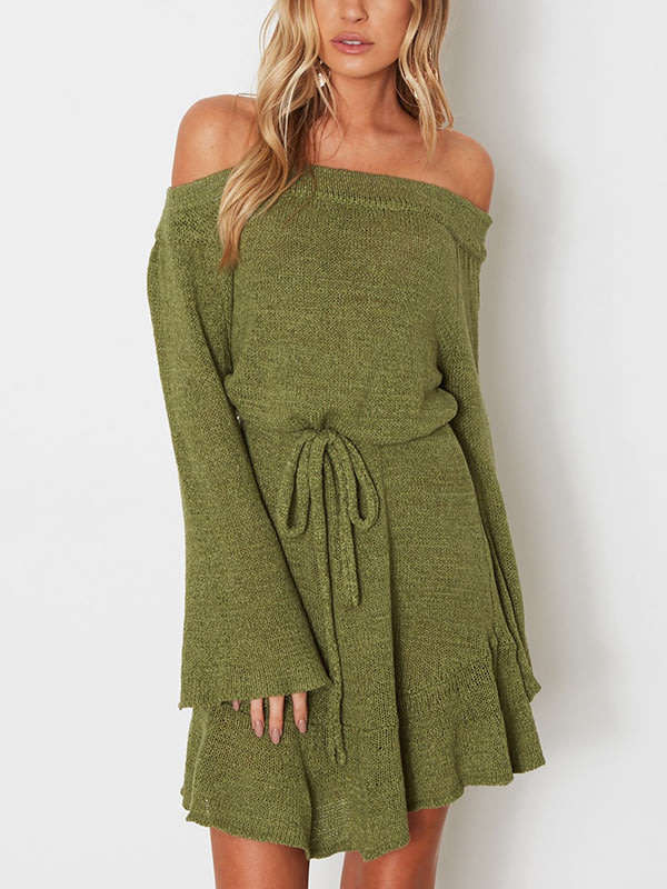 Green Off Shoulder Long Flare Sleeve Ruffle Hem Casual Knitted Mini Dress